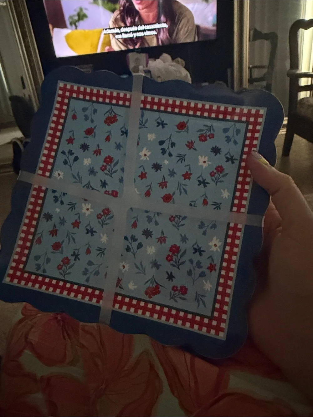Tommy Bahama Blue Red Floral Square Trivet scallops